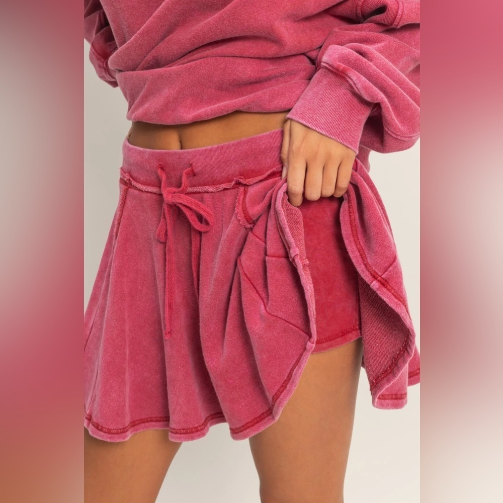 NWT Acid Washed Terry Exposed Seam Drawstring Mini Skirt with Shorts Skort - Picture 4 of 5